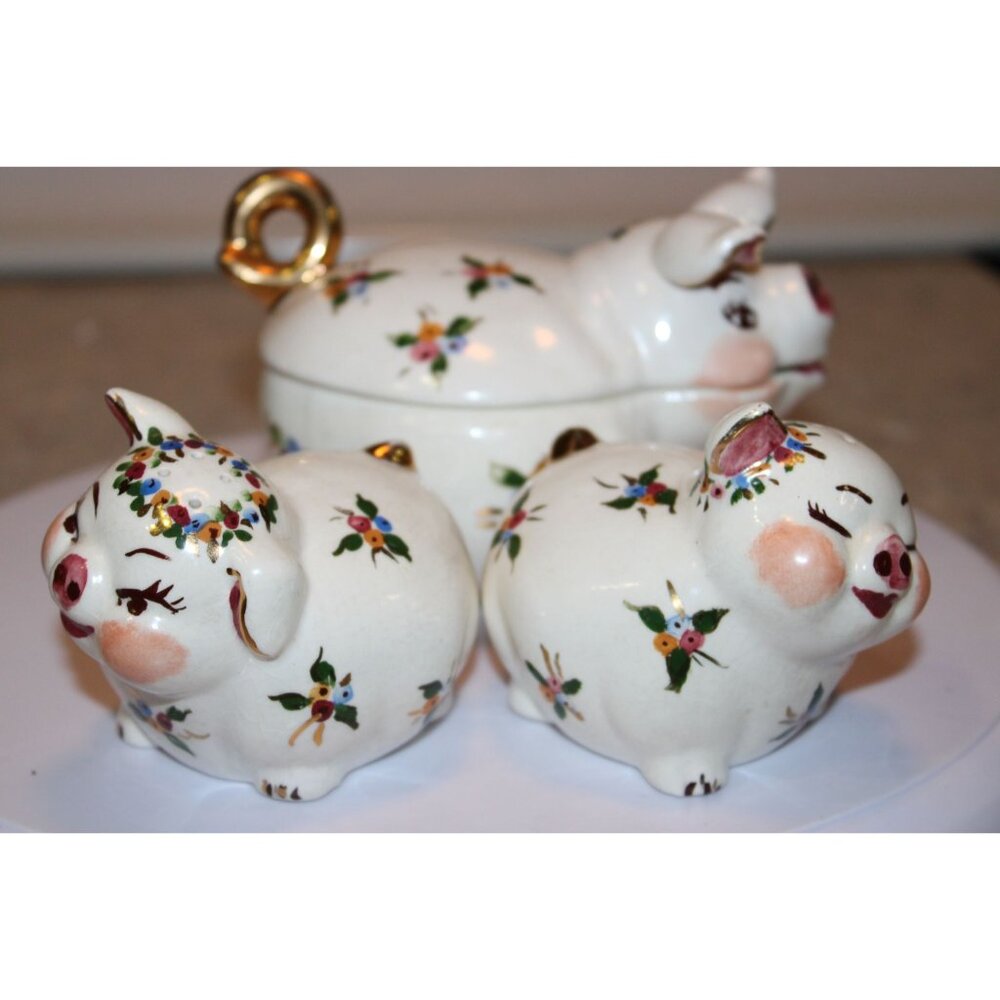 Vintage Floral Painted Pigs Salt, Pepper and Sugar Bowl Set.
